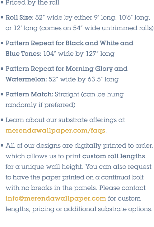 • Priced by the roll • Roll Size: 52” wide by either 9’ long, 10’6” long, or 12’ long (comes on 54” wide untrimmed ro...