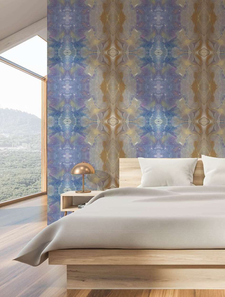 Interior of attic bedroom with white walls, wooden floor, master bed with white blanket and window with mountain view. 3d rendering