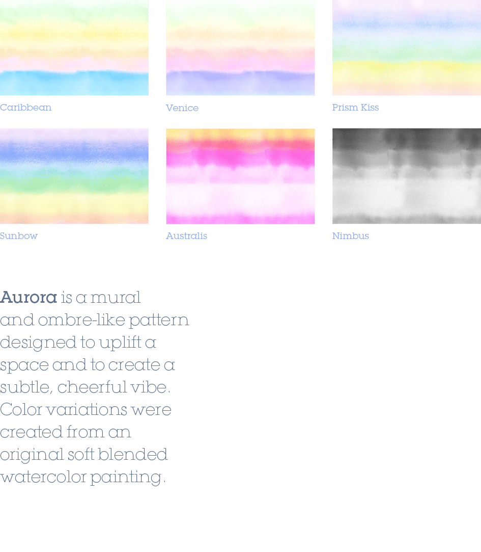 Sunbow,Prism Kiss,Venice,Australis,Nimbus,Caribbean,Aurora is a mural and ombre like pattern designed to uplift a spa...