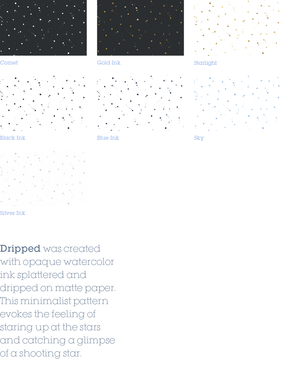 Dripped was created with opaque watercolor ink splattered and dripped on matte paper. This minimalist pattern evokes ...
